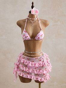 Bellisia Summer Sexy Butterfly & Orchid Floral Leopard Print Bikini & Cake Skirt 3 PiecesSet, Beach Vacation - Multicolor - View 3