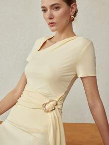 MOTF PREMIUM ELEGANT RUCHED WAIST SLIM FIT ASYMMETRICAL SHOULDER T-SHIRT, SPRING/SUMMER - Light Yellow - View 3