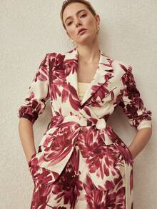 MOTF PREMIUM MINIMALIST ELEGANT LINEN FLORAL PRINT BLAZER, SPRING/SUMMER - Burgundy - View 2