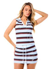 BABYPHAT Women's Sleeveless Striped Polo Tank Top With Collar And Drawstring Waist Detail Summer Casual Style - Multicolor - View 1