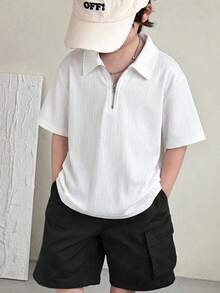 SHEIN Young Boys' Casual School Collar Short Sleeve Polo Shirt, Solid Color Textured Fabric, Suitable For Commuting, School, Leisure, Sports, Spring/Summer - White - View 6