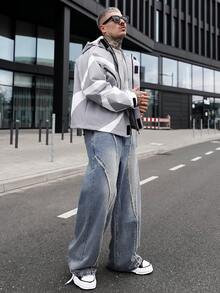 Artur Kramer Contrast Color Patchwork Design Men's Hooded Long Sleeve Jacket, Light Windbreaker Y2k Techwear Jacket - Grey - View 6