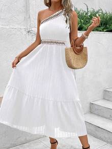 Breezaya 女士度假休闲镂空纹理拼接蕾丝边夏季连衣裙超长度假海滩装 - 白色 - 查看 4