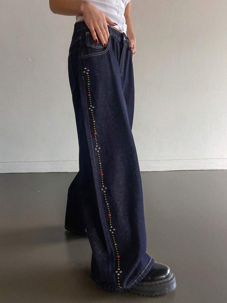 Women's Casual Street Fashion Loose Fit Low Waist Rhinestone Embellished Wide Leg Jeans, Suitable For Daily Commute