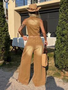 DAZY Conjunto casual de dos piezas con chaleco sin mangas de cuello en V y pantalones vaqueros rectos y sueltos para mujer - Marrón - Ver 6