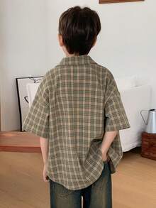 DAZY Áo sơ mi ngắn tay kẻ caro dáng casual cho bé trai tuổi teen, mùa hè. - Màu Khaki - Xem 3