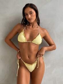Aloruh 女士连体比基尼，春夏新款泳装，纯色浅黄色三角罩杯比基尼上衣，串珠波西米亚风装饰，适合音乐节等场合的女士泳装，女士泳衣，女士沙滩装，女士比基尼，女士比基尼上衣，黄色串珠比基尼，贝壳比基尼，三角比基尼，女士泳装上衣，女士沙滩装，女士沙滩度假装 - 黃色 - 查看 5