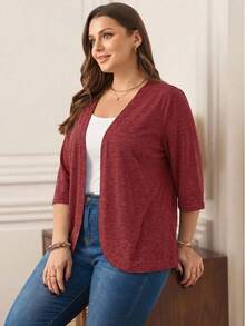 EMERY ROSE Plus Size Vacation Outfits Woman Women Cardigans Solid Color Asymmetric Hem Casual Resort CostumeJacket Winter Fall Autumn - Burgundy - View 1