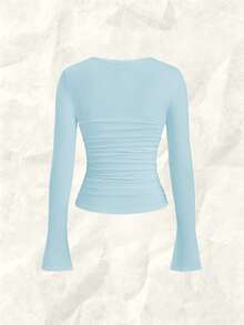 Olithes Áo dệt kim dài tay cổ chữ U ôm sát, gợi cảm và thời trang, có chi tiết nhún bèo bên hông, xếp ly phía trước, cổ tay xẻ, màu trắng, thích hợp cho mùa Thu/Đông. - Màu xanh nhạt - Xem 2