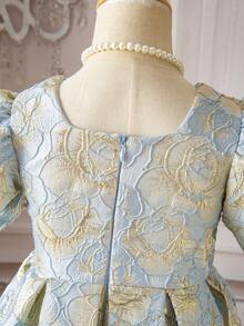 Glamorique Kids 少女花卉提花圆领花瓣袖优雅派对连衣裙 - 藍色 - 查看 7