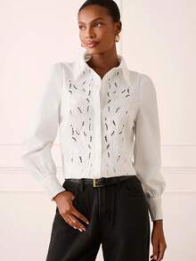 Lilora Stylish White Women Blouse With Unique Embroidered And Eyelet Design Long Sleeve Button Down Shirt For Office And Everyday Wear, Women's Shirts For Summer, Women Casual Outfits - White - View 7