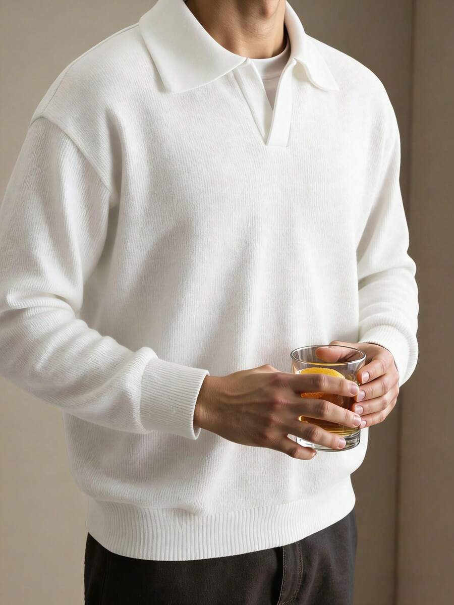 Manfinity Homme Camisa polo de hombre de unicolor casual, versátil para primavera y otoño - Blanco - Ver 1