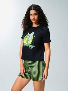 Rick and Morty X SHEIN Women's Round Neck Short Sleeve T-Shirt And Striped Shorts Pajama Set, - Black - View 4