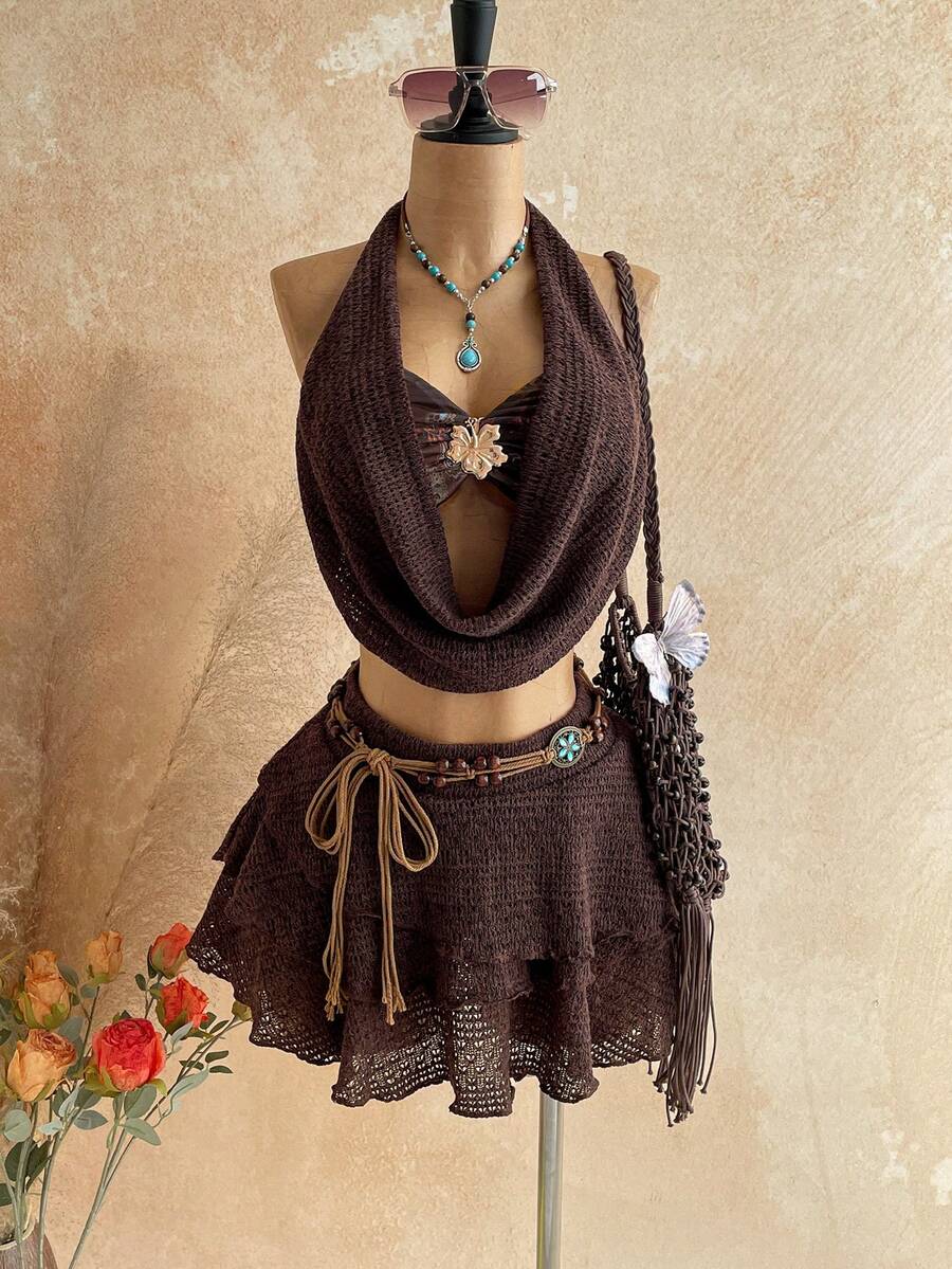 Soleia 女士日落渐变深V领花卉金属扣系带上衣+多层荷叶边迷你裙两件套，休闲假日海滩邮轮度假，适合音乐节、波西米亚风度假 - 棕色 - 查看 1