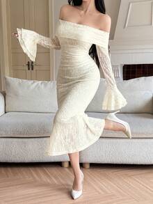 DAZY Women's Off Shoulder Elegant Waist Cinching Party Midi Dress - Apricot - View 4