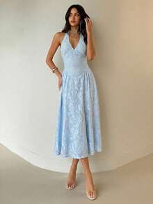 Aloruh Women's Halter A-Line Mid-Length Dress, Spring/Summer - Baby Blue - View 4