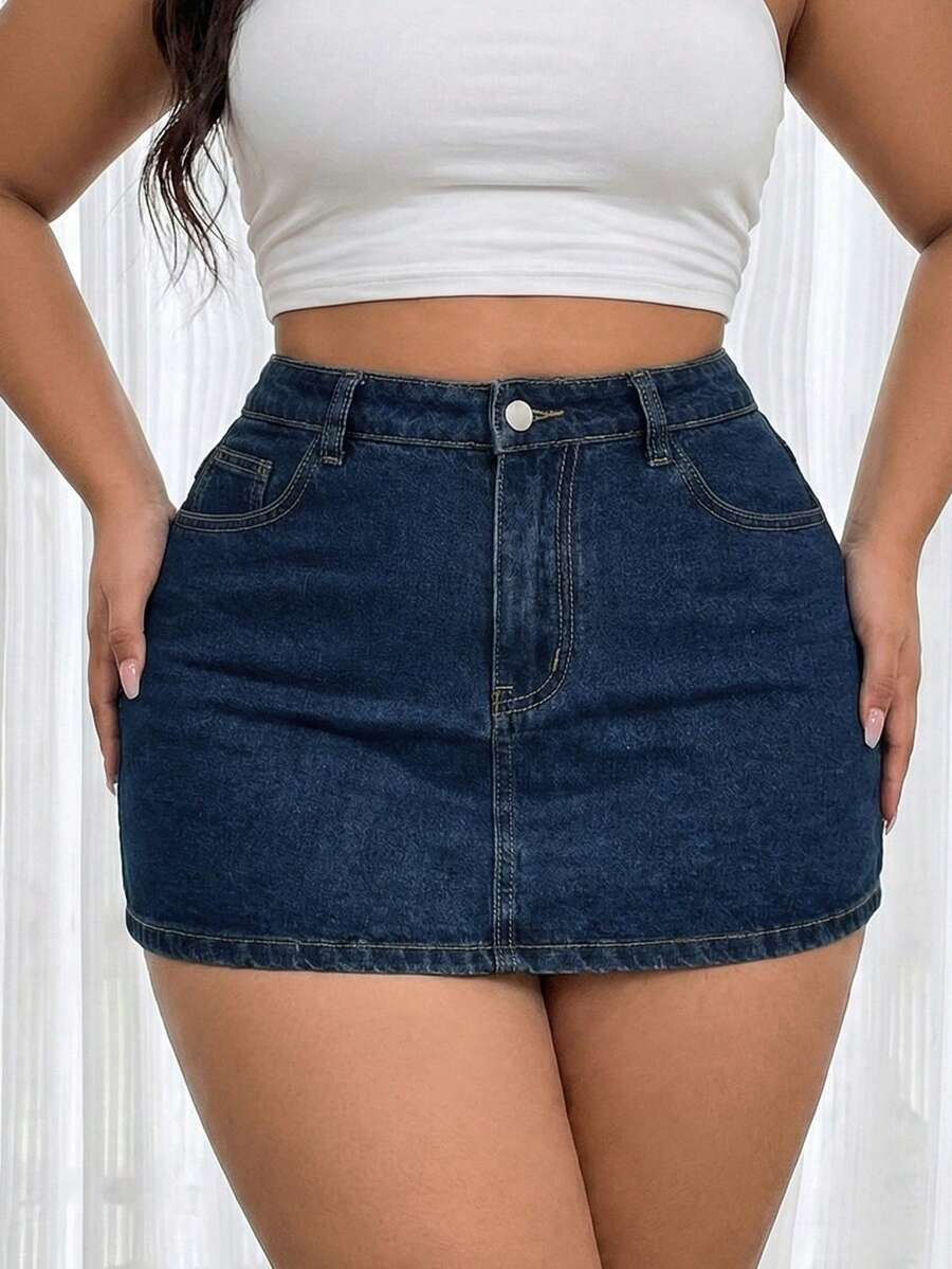 SHEIN ICON Women's Casual Everyday Denim Skirt With Pockets And Buttons - Dark Wash - View 1