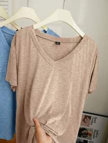 Comfortcana 3pcs/Set Plus Size Casual V-Neck T-Shirts, Spring/Summer, Summer Tops - Multicolor - View 4