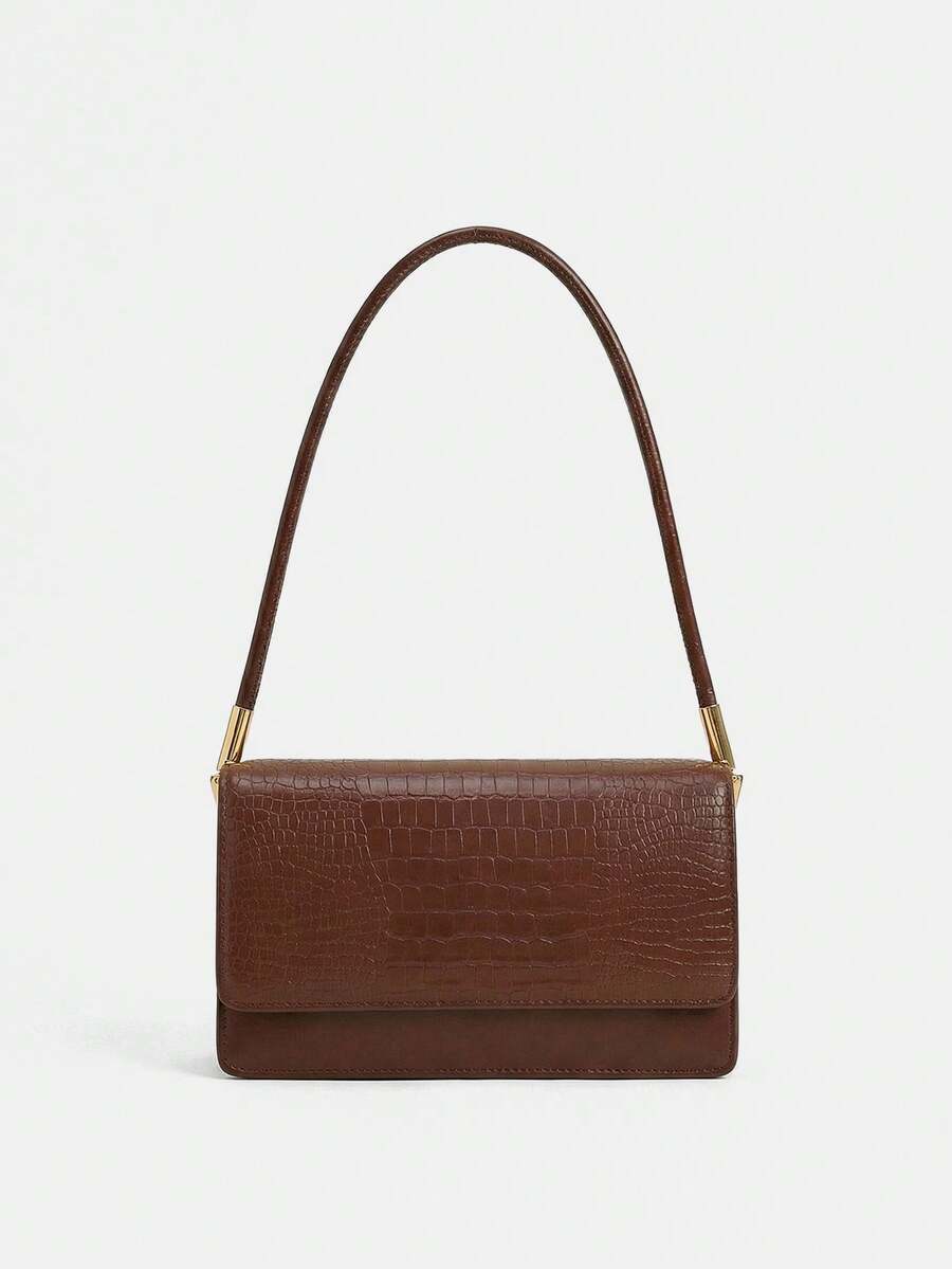 Lumivelle 时尚鳄鱼纹压花翻盖单肩包 - 棕色 - 查看 1
