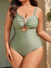 Swim Oasis 2026 New Spring/Summer Plus Size Women's Fashionable One-Piece Swimsuit With Starfish Decor, Paired With Skirt, Slimming Vacation 2-Piece Set - Army Green - View 11
