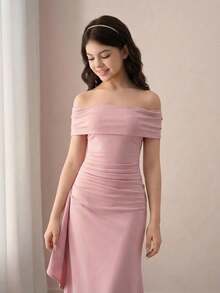 SHEIN 少女优雅长款连衣裙，露肩荷叶边下摆修身长款派对礼服，粉色花童礼服 - 粉色 - 查看 1