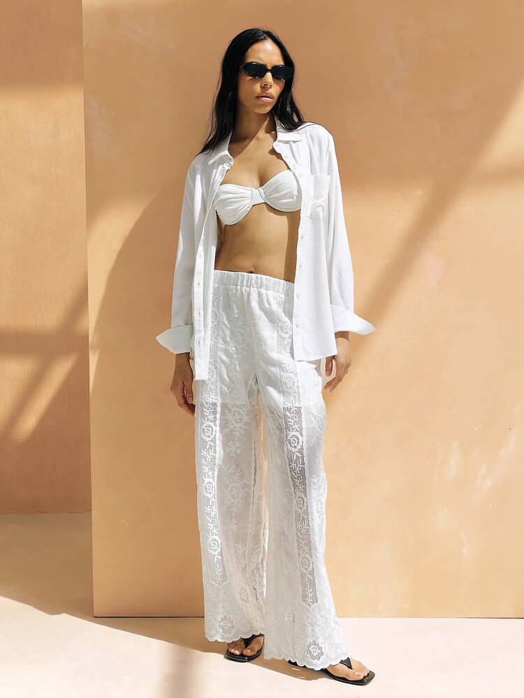 KSTM White High Rise Palazzo Lace Wide Leg Pants With Intricate Crochet Pattern And Semi Sheer Bohemian Design For Summer Beach Resort Vacation