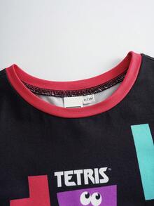 Tetris™ X SHEIN 男婴字母几何印花圆领短袖上衣和短裤休闲家居服套装 - 黑色 - 查看 3