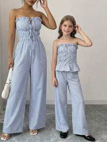 Travachic KIDS Tween Girl Vacation Casual Blue & White Striped Tube Top And Elastic Waist Pants Set - Multicolor - View 9