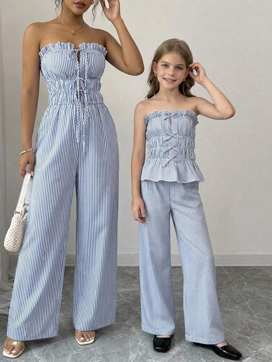 Travachic KIDS 少女度假休闲蓝白条纹抹胸上衣和松紧腰裤套装 - 彩色 - 查看 1