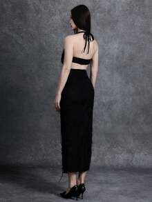 Glisette Women's Elegant Black Lace Slim Fit Spaghetti Strap Dress, Suitable For Dates In Spring/Summer - Black - View 3