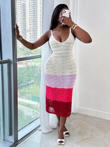 Xyvia 女士渐变针织吊带连衣裙，镂空V领修身长款毛衣连衣裙，度假风 - 彩色 - 查看 1