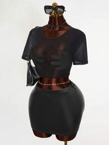 Mistrie Lady Sexy Net Fabric Transparent Embroidery T-Shirt - Black - View 5