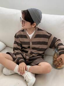 DAZY 男童休闲条纹纽扣外套，春秋季 - 棕色 - 查看 6