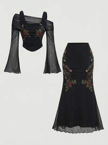 MOD Conjunto de 2 piezas elegante para mujer: Camiseta con estampado floral combinada con falda maxi de corte slim - Negro - Ver 6