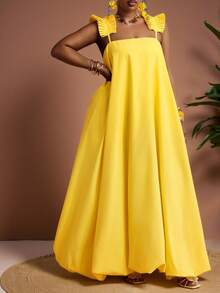 Truni 大码女式黄色灯笼连衣裙/优雅吊带连衣裙/吊带裙/长裙，适合音乐节、复活节、西式风格、生日、毕业典礼、学生日常穿着，百搭实用，休闲度假、邮轮旅行、海滩、日光浴、放松休闲。 - 黃色 - 查看 5