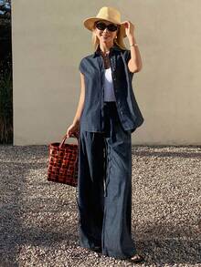 DAZY Women's Denim Shirt With Collar, Sleeveless, Side Tie-Up And Loose Fit Denim Pants, Casual Denim Set - Dark Wash - View 7