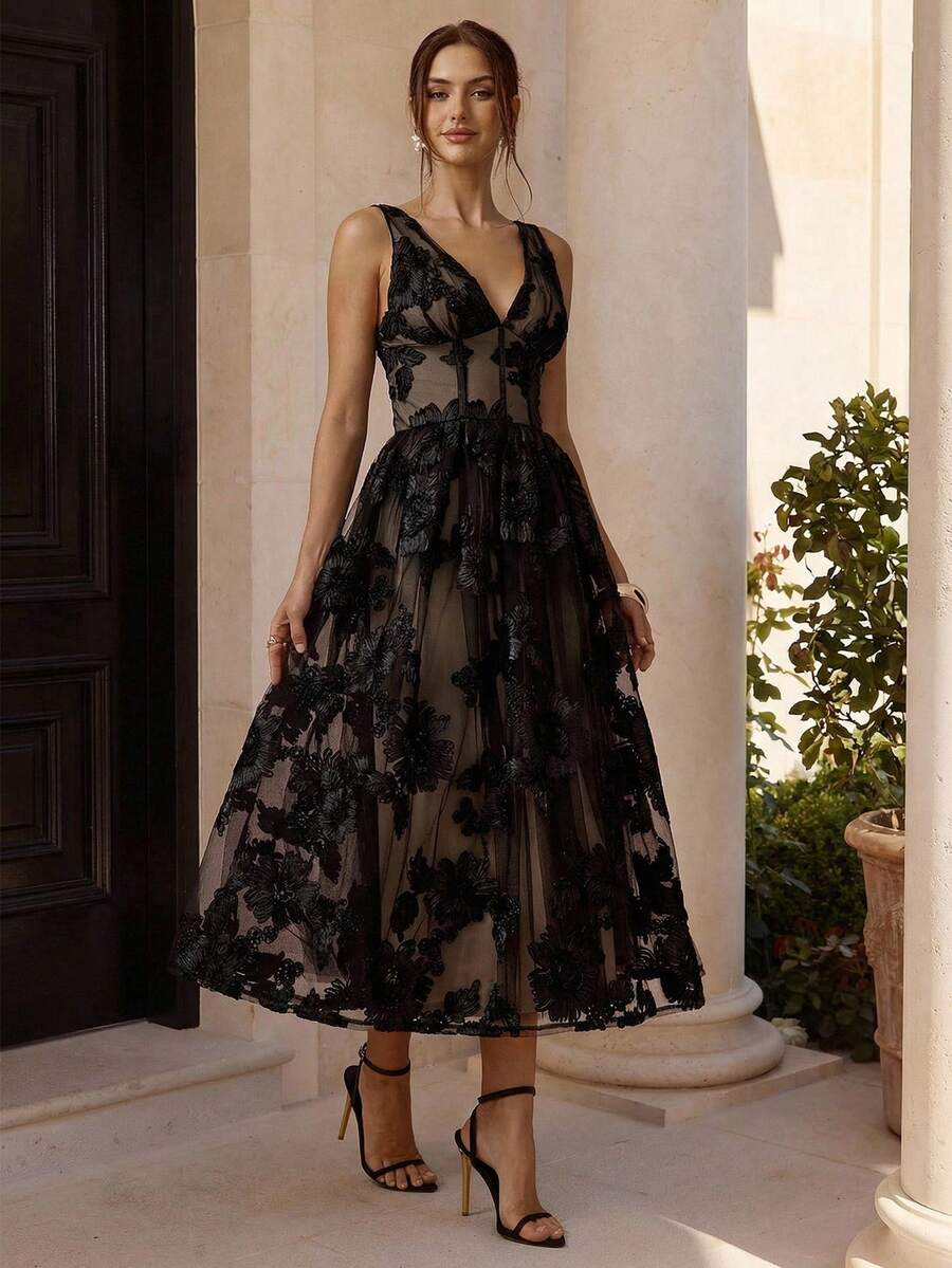 Enchnt 春夏浪漫女士黑色精致花卉刺绣贴花网眼 V 领无袖公主长裙，甜美优雅，适合度假、约会、节日、派对、毕业典礼、婚礼宾客和宴会，舞会礼服，女士夏装，女士太阳裙，夏装，优雅派对礼服 - 黑色 - 查看 1