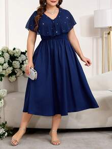 SHEIN Clasi Plus Size Women Navy Blue Elegant Summer Wedding Guest Dress,Pearl Decor V-Neck Long Party Dresses,Formal Ceremony Graduation Outfit,Mother Of Bride - Blue - View 4