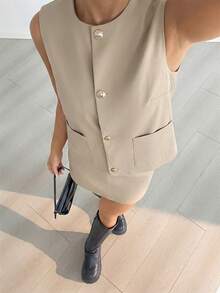 SHEIN EZwear 女士卡其色单排扣背心和裙子休闲两件套 - 卡其色 - 查看 6