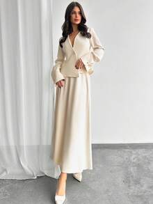Firerie 新年女式纯色长袖单排扣夹克和长款喇叭下摆裙优雅两件套，秋季 - 杏色 - 查看 5