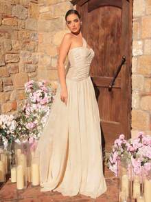 Glamrae 优雅简约露肩心形领口褶裥半透明面料，带鱼骨装饰，喇叭形下摆，系带腰身晚礼服，商务正式礼服，宾客礼服，开衩长袍 - 杏色 - 查看 6