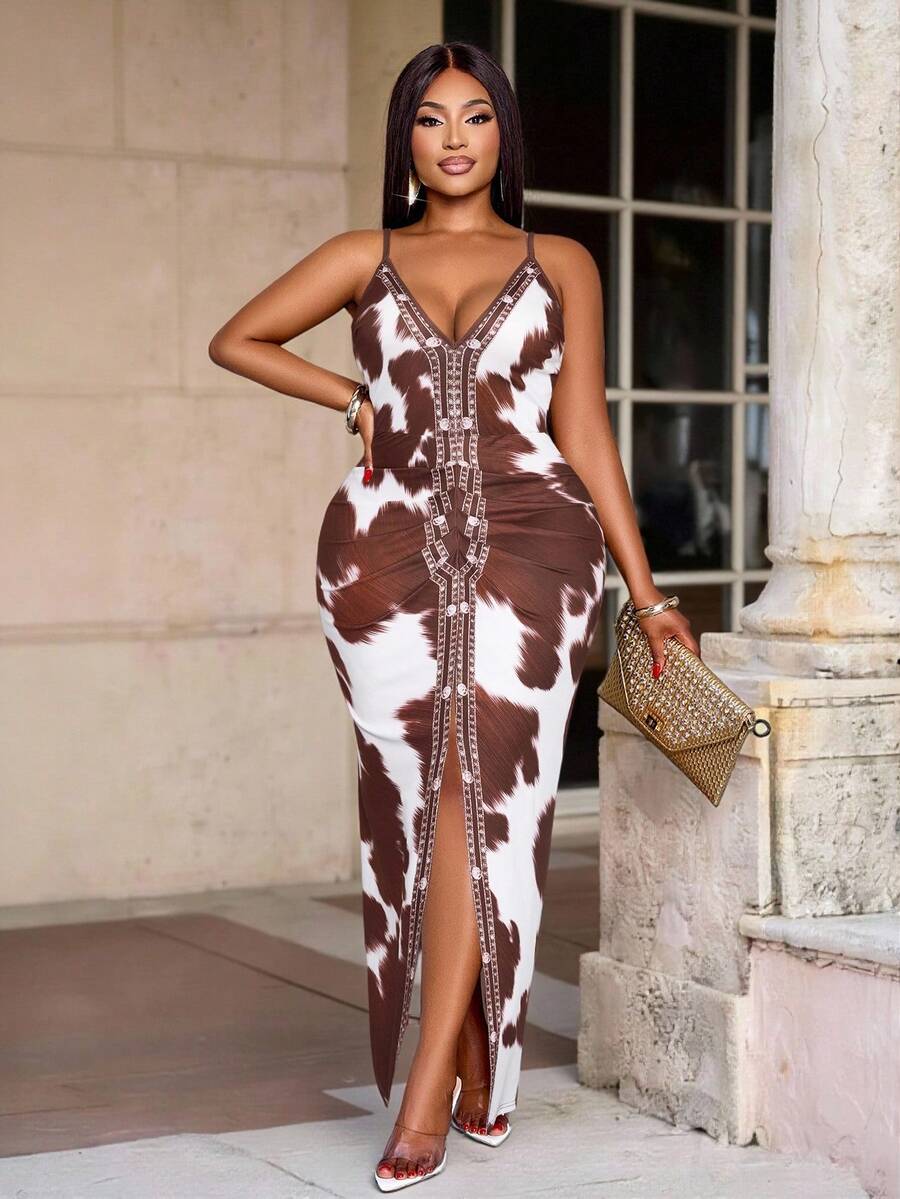 SOLERSUN 女士链条印花开衩修身吊带连衣裙，性感深V领，高腰印花吊带连衣裙，优雅长款女装 - 棕色 - 查看 1