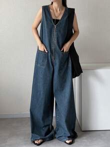 FRIFUL Bộ áo liền quần denim ống rộng hai túi phía trước dành cho nữ - Màu xanh lam - Xem 1