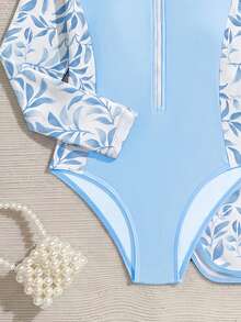 少女度假沙滩植物印花拼接连体泳衣带短裤套装 - 藍色 - 查看 5