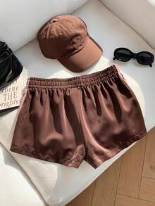 Comfortcana Quần short nữ kẻ sọc phối màu, kiểu dáng thường ngày, thích hợp cho mùa hè. - màu nâu - Xem 2
