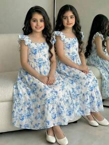 SHEIN 少女优雅休闲度假蓝白碎花短袖连衣裙 - 藍白色 - 查看 11