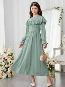 SHEIN Pitira Teen Girls Ruffle Trim Flounce Sleeve Belted Dress Graduation Dress - Mint Green - View 1