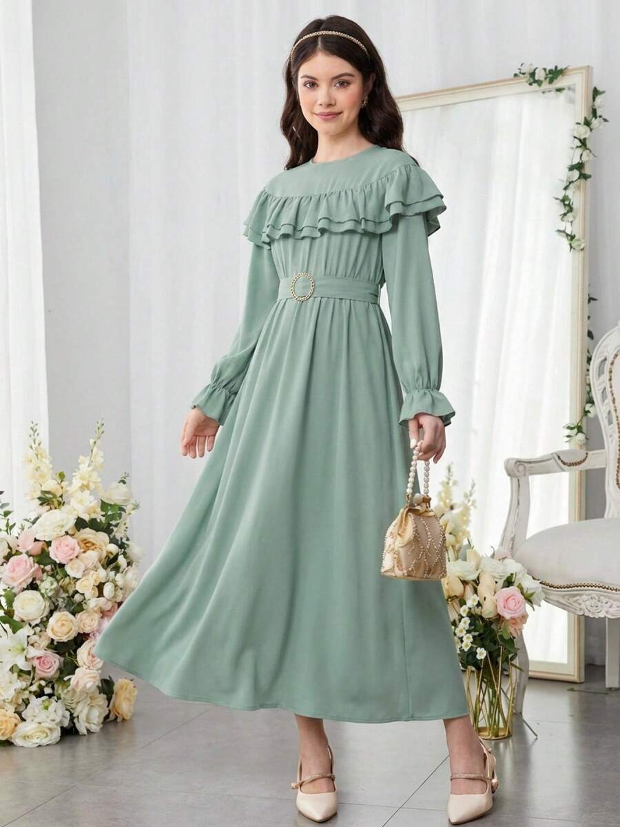 SHEIN Pitira Teen Girls Ruffle Trim Flounce Sleeve Belted Dress Graduation Dress - Mint Green - View 1