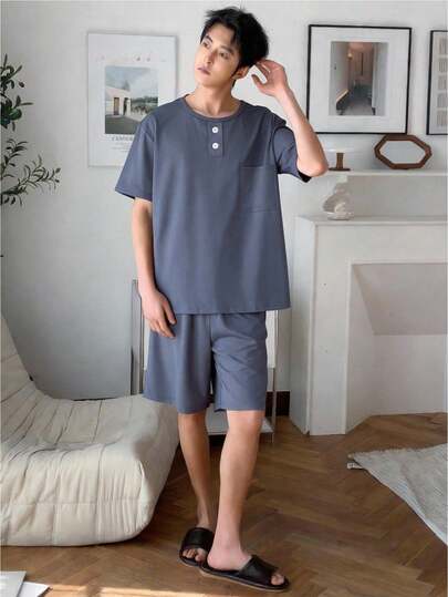 男士休闲印花短袖T恤短裤睡衣套装（2件套）