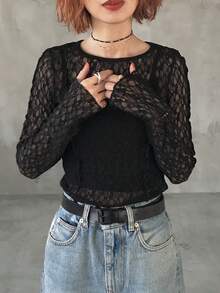 FRIFUL Women's Slim Fit Lace Blouse, Round Neck Long Sleeve, Sheer Textured Fabric, Casual Versatile For Holiday, Beach - Black - View 3